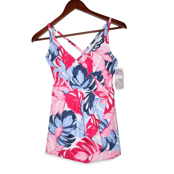 Stella Parker One Piece Skirted Swimsuit Floral Wrap Pink Blue Modest Pool Beach - Picture 2 of 13